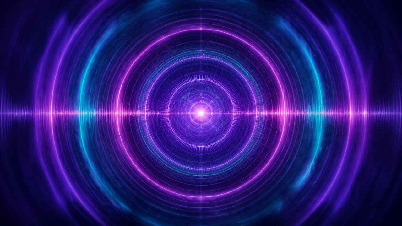 Concentric violet and teal sound frequency rings representing the 8th Chakra Code audio tracks