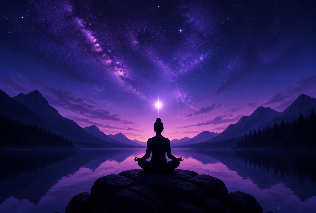 Silhouette meditating beside a still lake with a bright Soul Star Chakra light above the head
